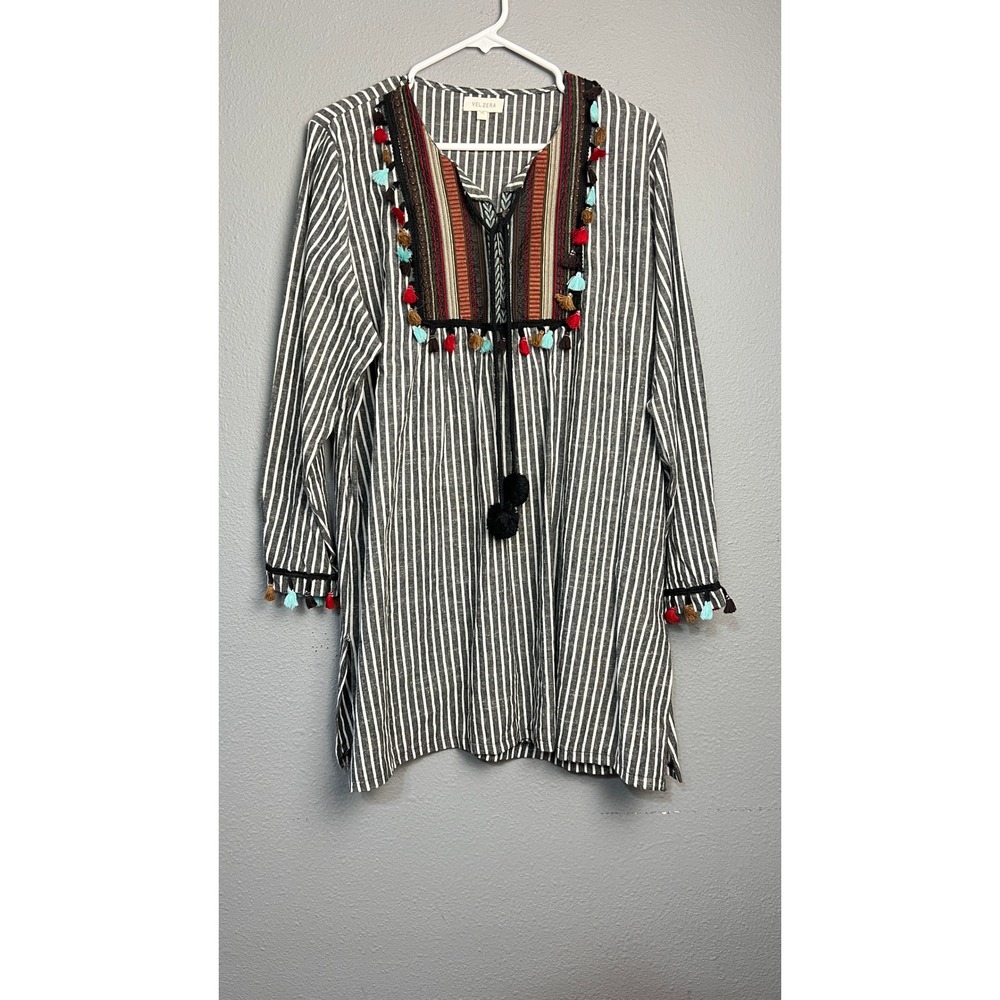 Velzera Womens 1XL Black White Stripedโ Boho Tunic Top Tassel Embroidered Bib